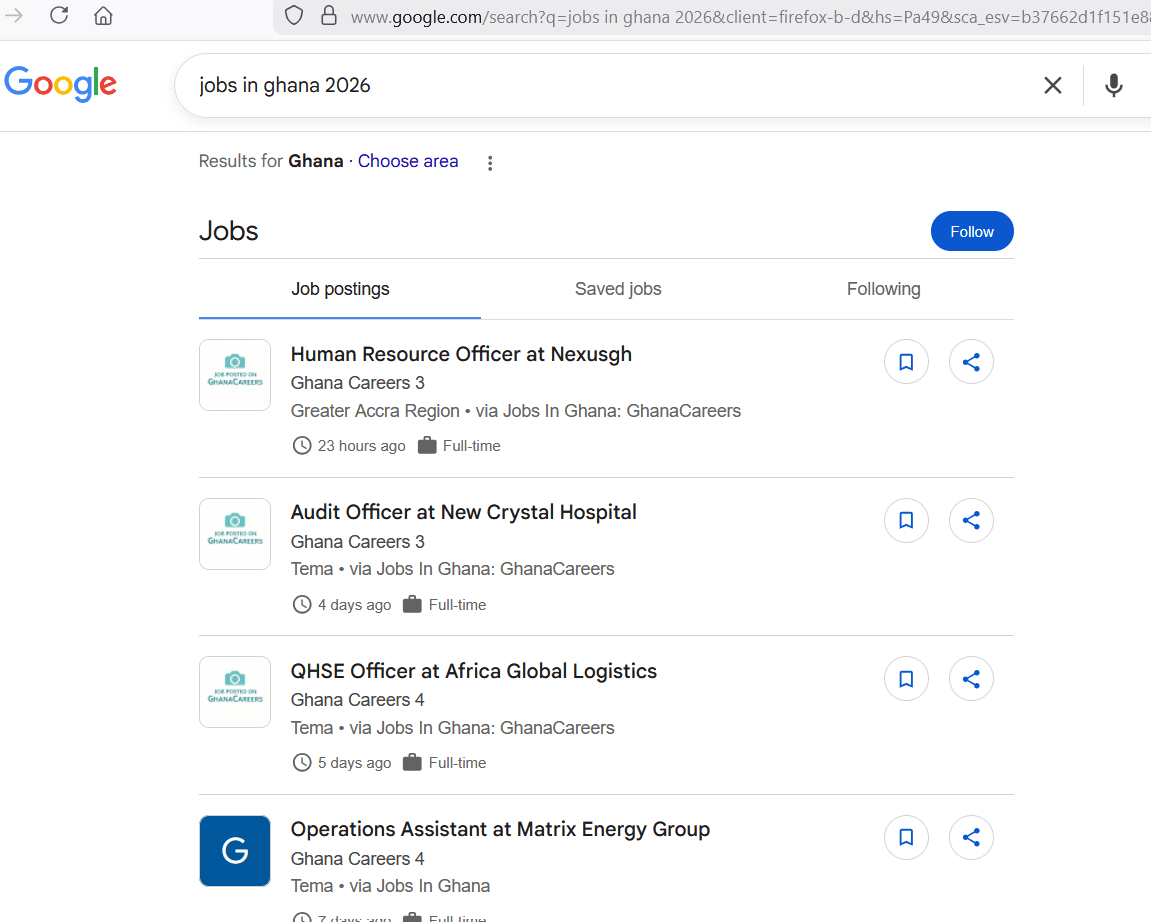 Screenshot of GhanaCareers job listings in Google Ghana